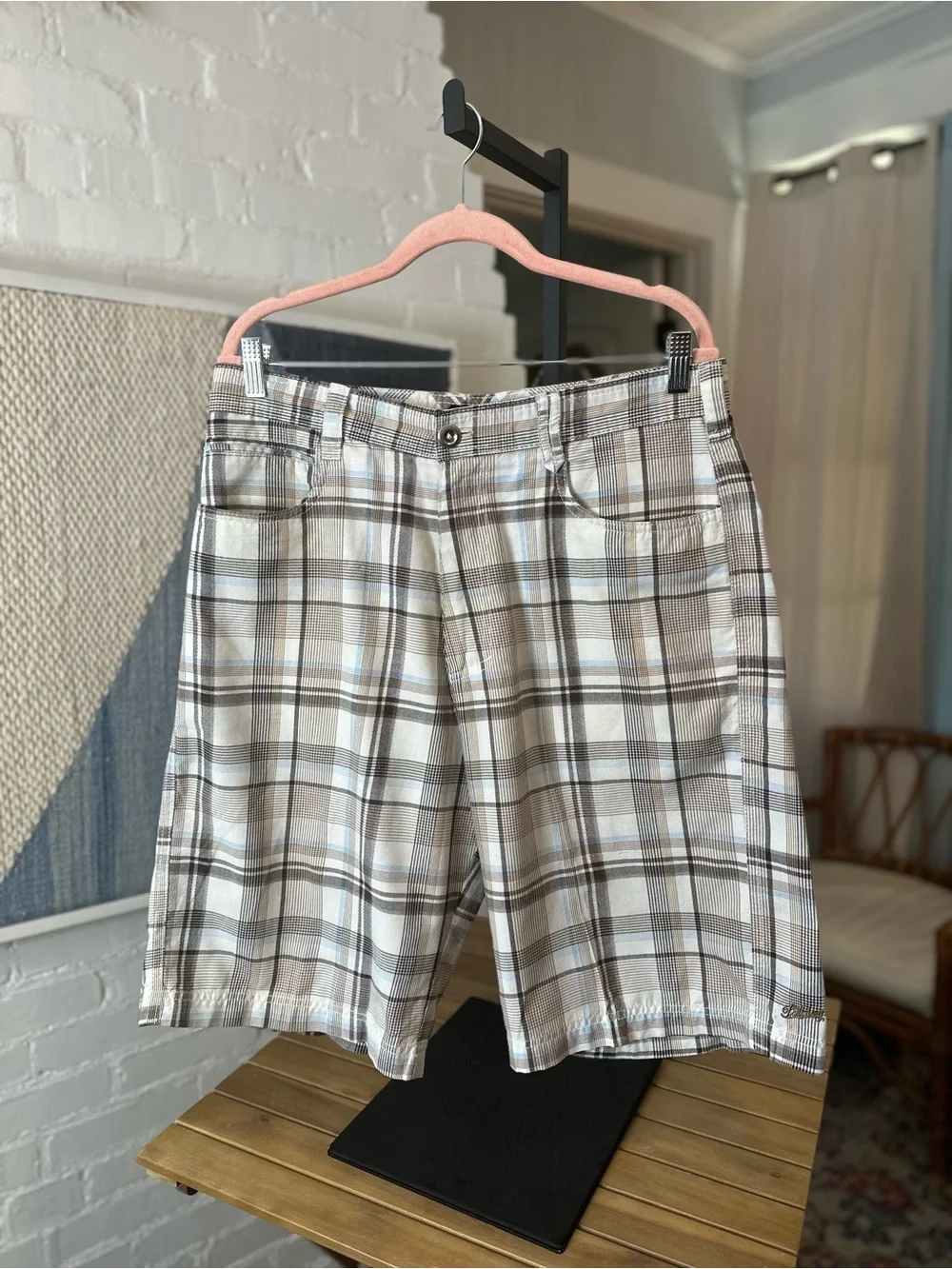 Billabong Tan Brown and Blue Plaid Shorts